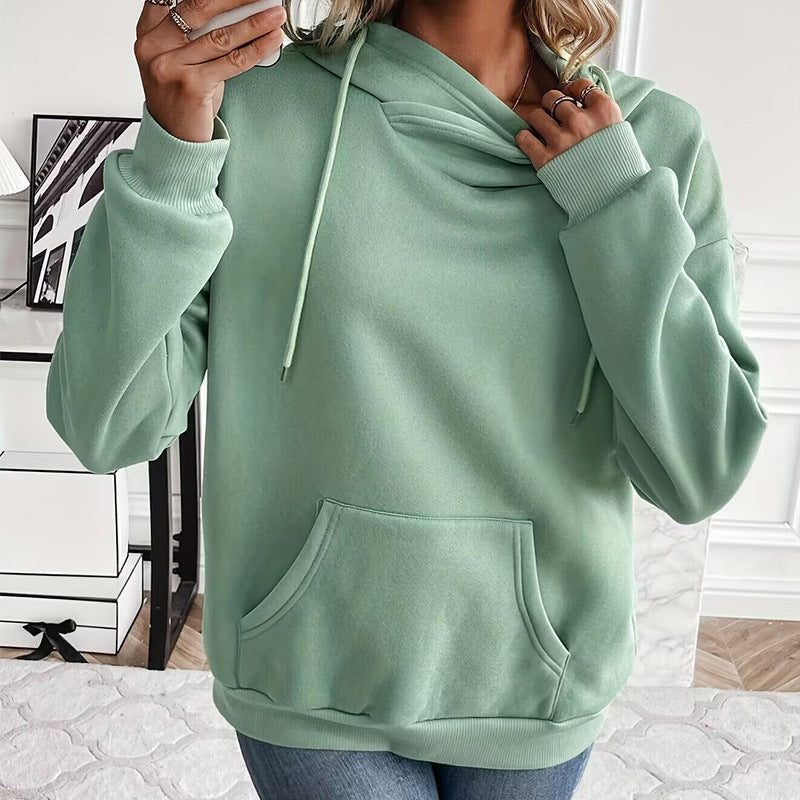 Solid Color Hooded Drawstring Front Pocket Long Sleeve Sweater