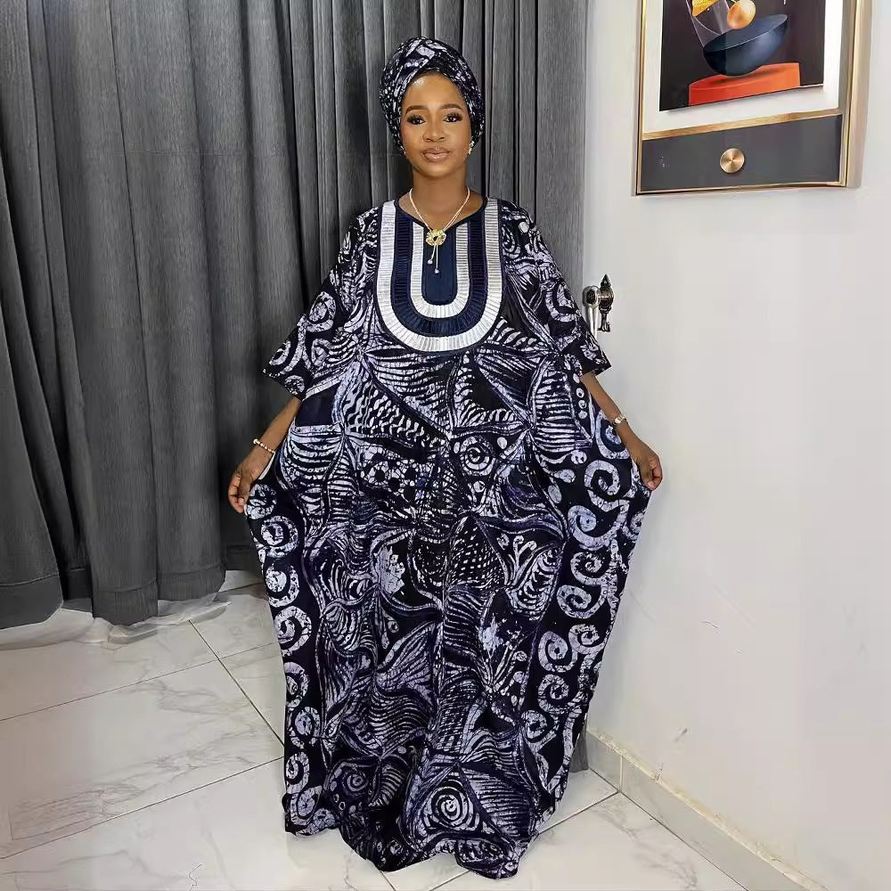 African Embroidered Printed Loose Robe With Headscarf