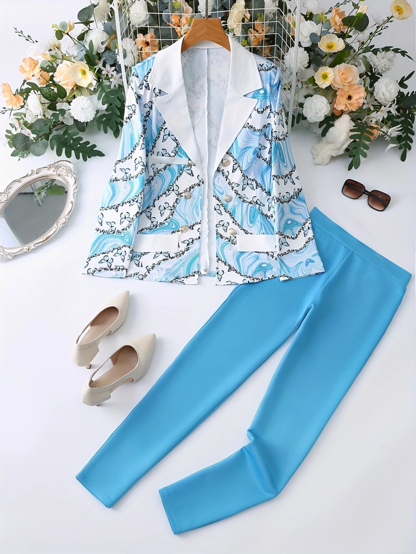 New Elegant And Fashionable Two-piece Set, Featuring A Blue Butterfly Marble Gradient Print Lapel Double Breasted Long Sleeved Suit Jacket And Solid Color High Waisted Slim Pants, To Be Your Own