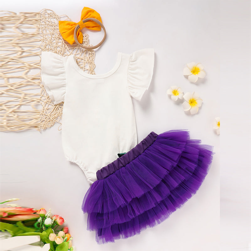 Baby Girl's 2-Piece Set Letter Print Onesie With Elastic Waist Tulle Skirt And Bow