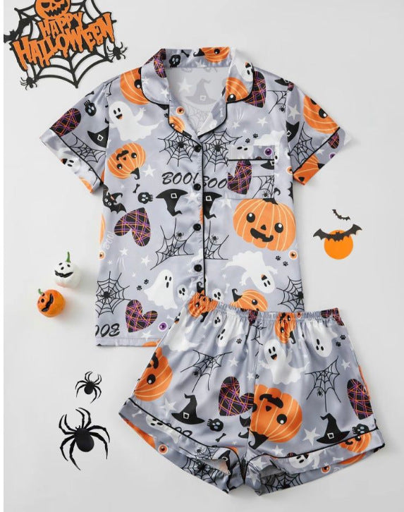 Women Halloween Satin Pajama Set Ghost Pumpkin Print Top With Shorts Sleepwear