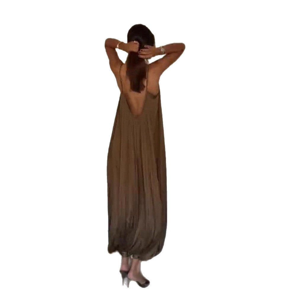 Women's Solid Color Casual Loose V-neck Sleeveless Pleated Backless Jumpsuit