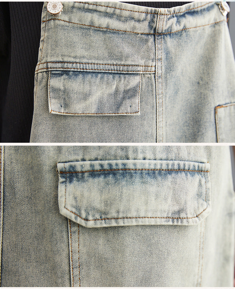 Spring And Summer Art Retro Hole Jean Suspenders Women