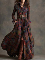 Ins Plaid Print Long-Sleeved Dress Fashion Pockets Collared Buttons Shirt Long Dresses Retro Women's Clothing