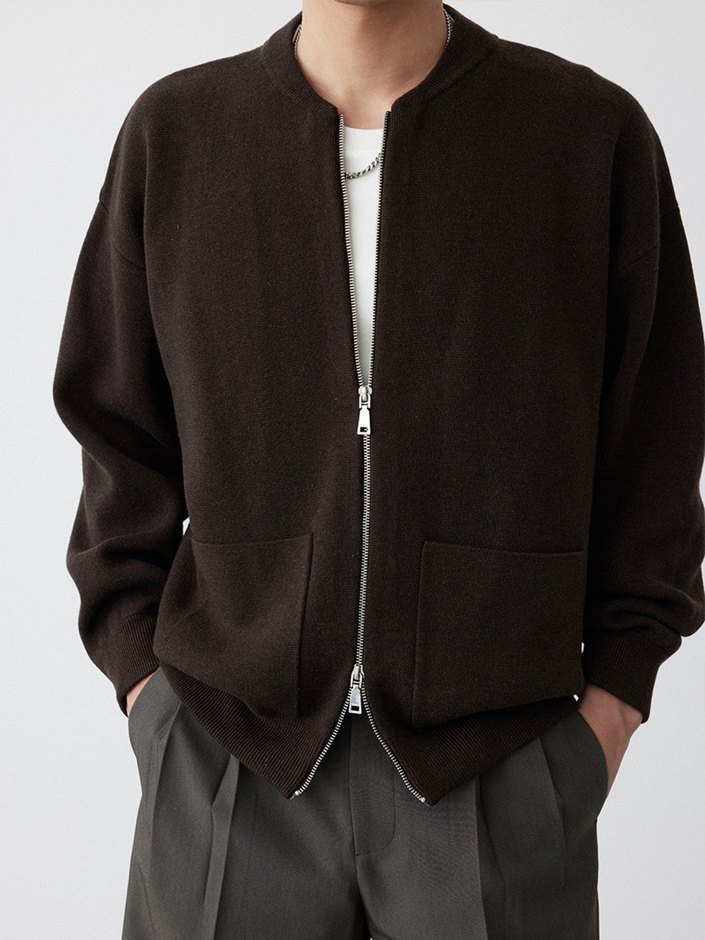 Heavy Two-way Zipper Knitted Cardigan Simple Casual Baseball Collar Sweater