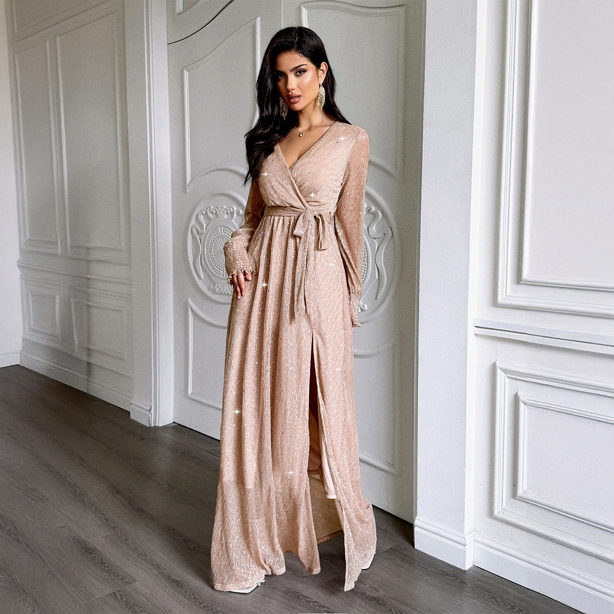 Elegant Holiday Long Sleeve Waist Dress Women's Clothing