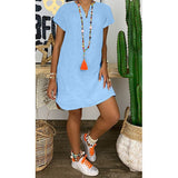 Summer Loose Solid Color Short-sleeve Irregular V-neck Cotton-linen Dress For Women