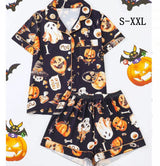 Women Halloween Satin Pajama Set Ghost Pumpkin Print Top With Shorts Sleepwear