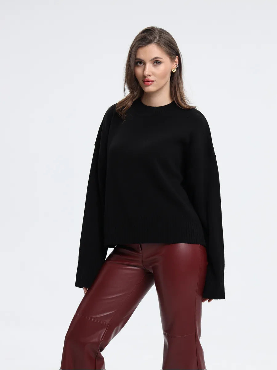 Round Neck Pullover Loose-fitting Solid Color Long Sleeves All-match Sweater