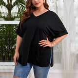 Women's V-neck Loose Casual Slit Solid Color Short Sleeve T-shirt Top