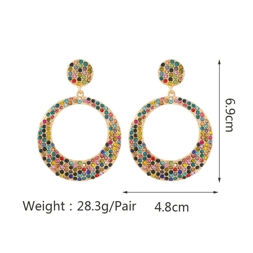 European And American Fashion Metal Diamond Round Color Large Pendant Earrings