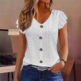 Solid Color Jacquard V-neck Buttons Long Sleeve T-shirt
