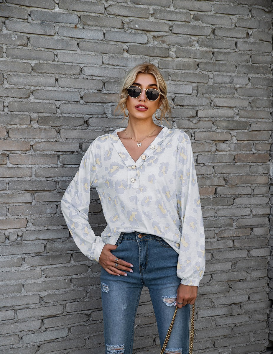 Leopard Print V-neck T-shirt Fashion Loose Long Sleeve Tops For Women Clothing