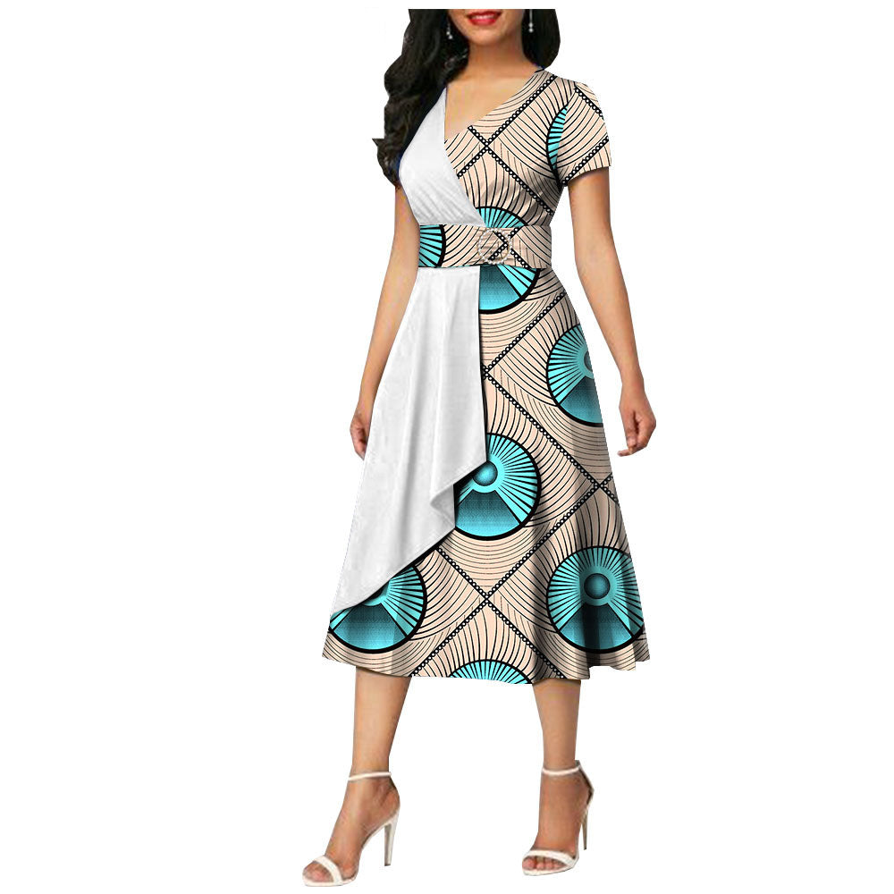 African Batik Double-sided Printed Short-sleeved Women's Cotton Dress
