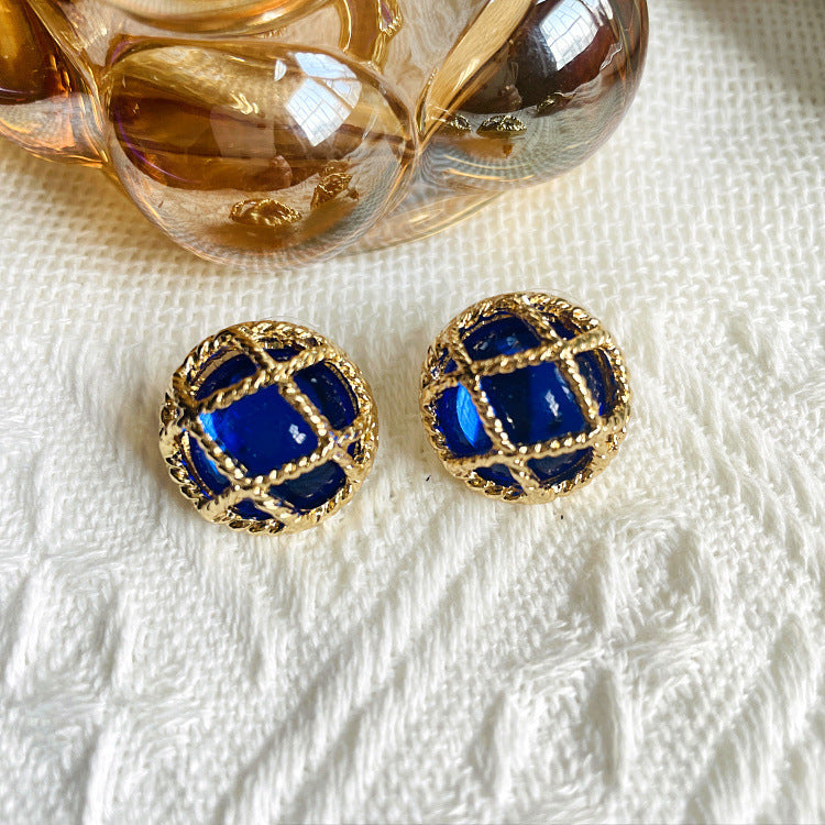 Diamond Plaid Silver Stud Earrings Mid-ancient Round New Chinese Alloy Simple Electroplated DIY Earrings