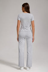 Women's Casual Sports Two-piece Set With V-neck Button, Short Sleeved, Low Waisted Flared Pants, Sportswear