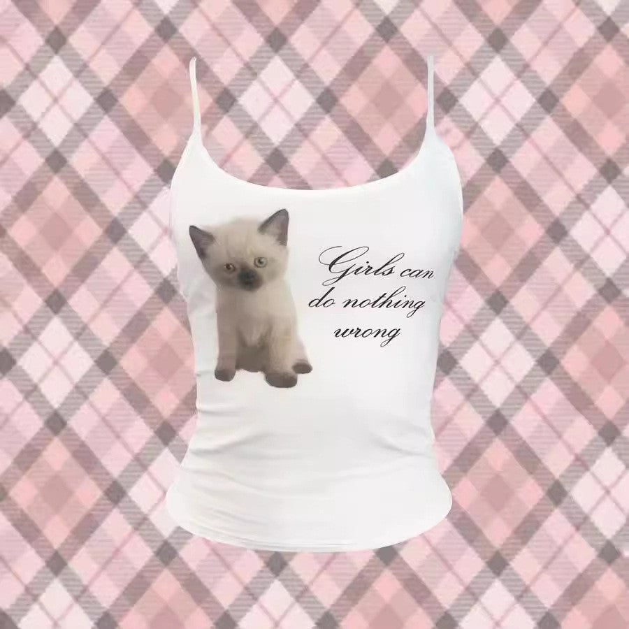 Cute Cat Letter Print Vest Sling Girl Slim Fit