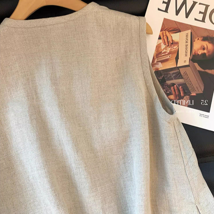 Laqian Style Embroidered V-neck Linen Vest Women's Summer High-end Versatile Loose Slimming Sleeveless Top