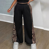 Black Loose Leopard Print Fashionable Wide-leg Pants Plus Size Women's Pants
