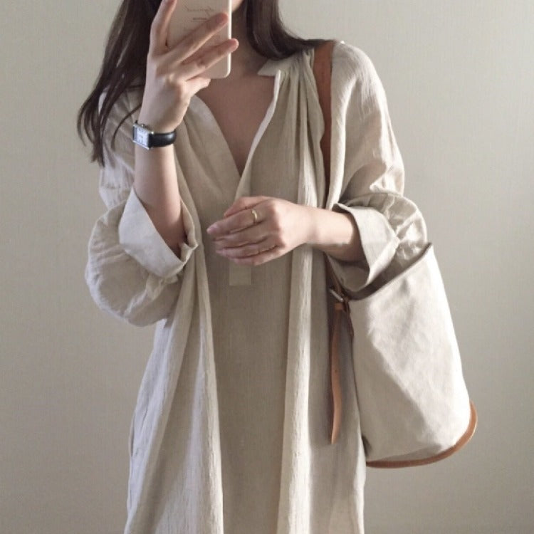Spring And Autumn Dress Women's Casual Stand Collar Three-quarter Sleeve Lantern Sleeve Dress