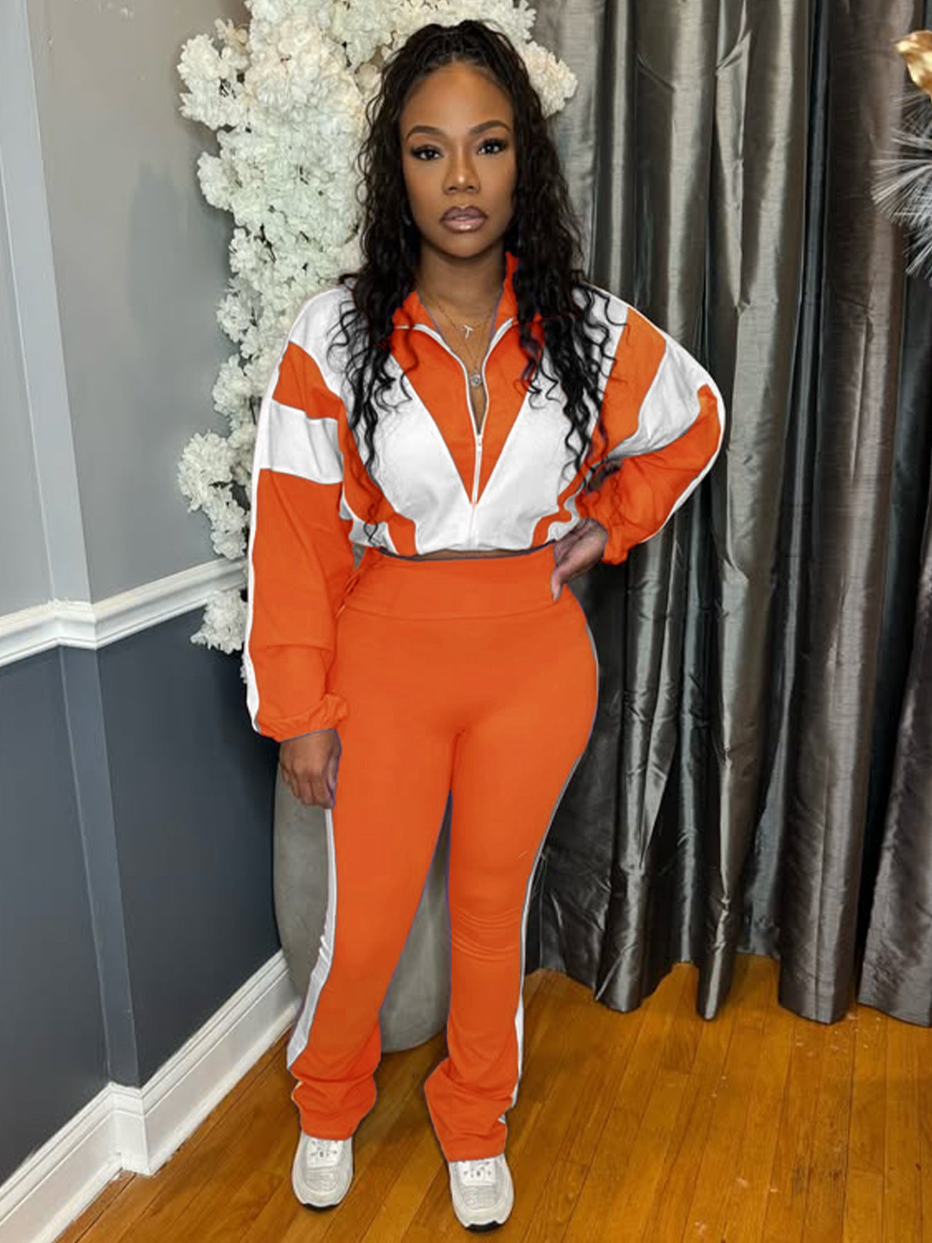 Elastic Buckle Waist Color Block Stitching Contrast Color Sports Casual Two-piece Suit