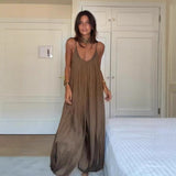 Women's Solid Color Casual Loose V-neck Sleeveless Pleated Backless Jumpsuit