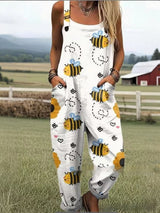 Female Digital 3D Printing Button Casual Suspender Trousers