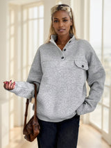 RueChic Half Button Flap Detail Drop Shoulder Sweatshirt