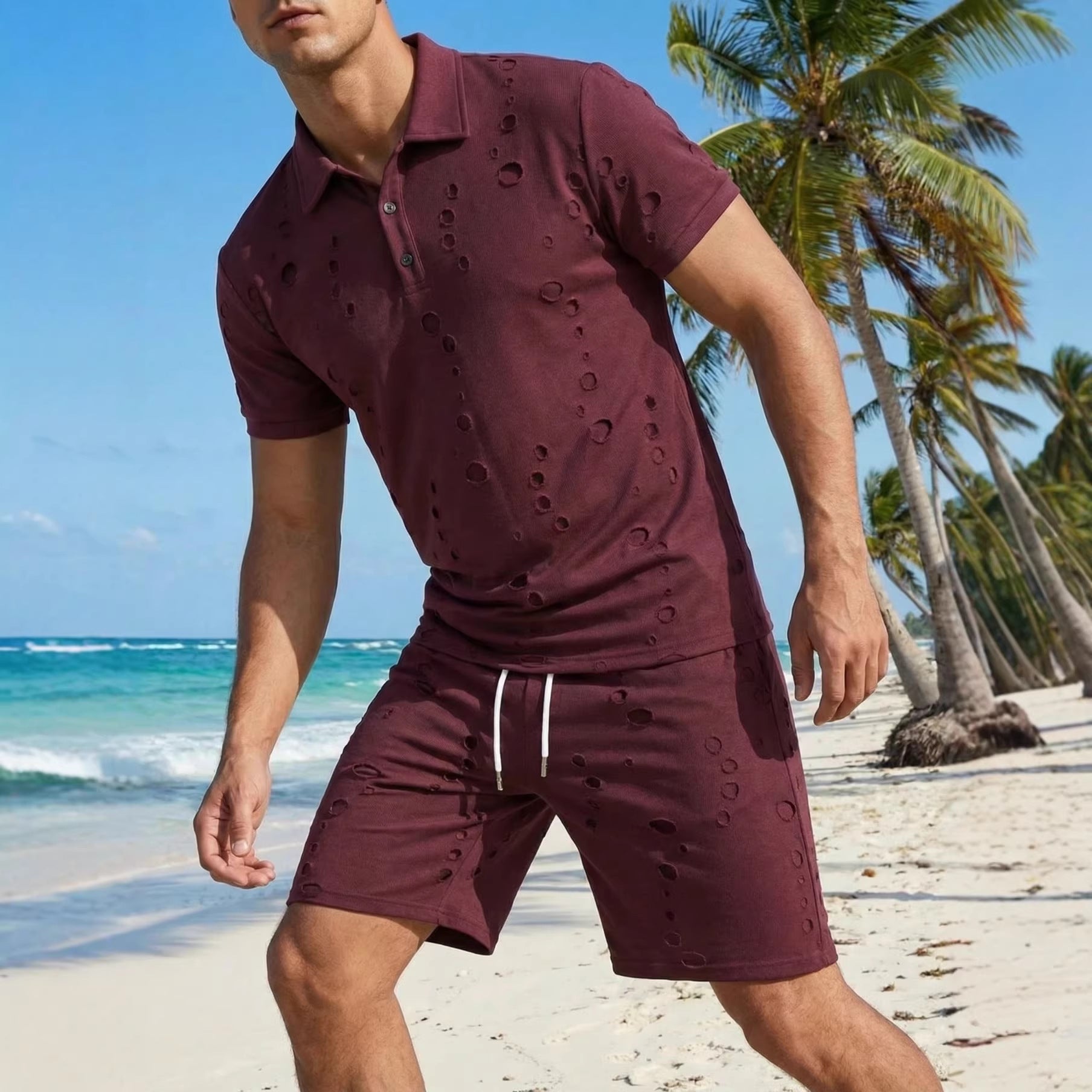 Summer Washed Distressed Polo Shirt With Buttons Mens Sports Polo Tee