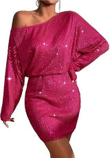 Spring Short Sleeve Loose Pullover Sequined Shirt Dress Off-shoulder Long Dress