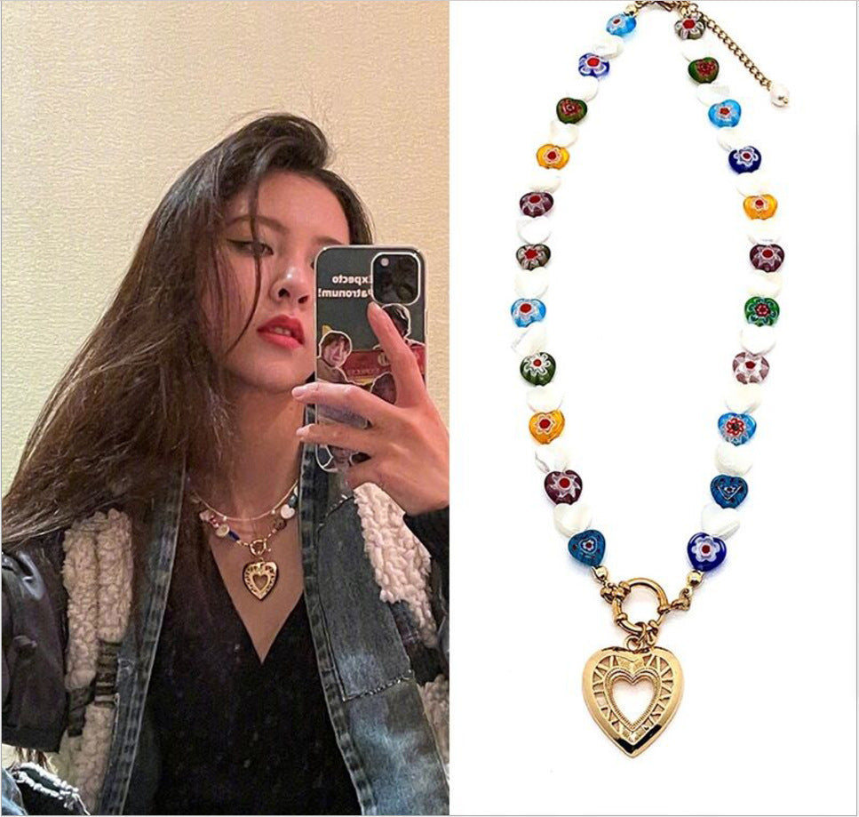 Natural Freshwater Pearl Heart Necklace Women's Bohemian Style