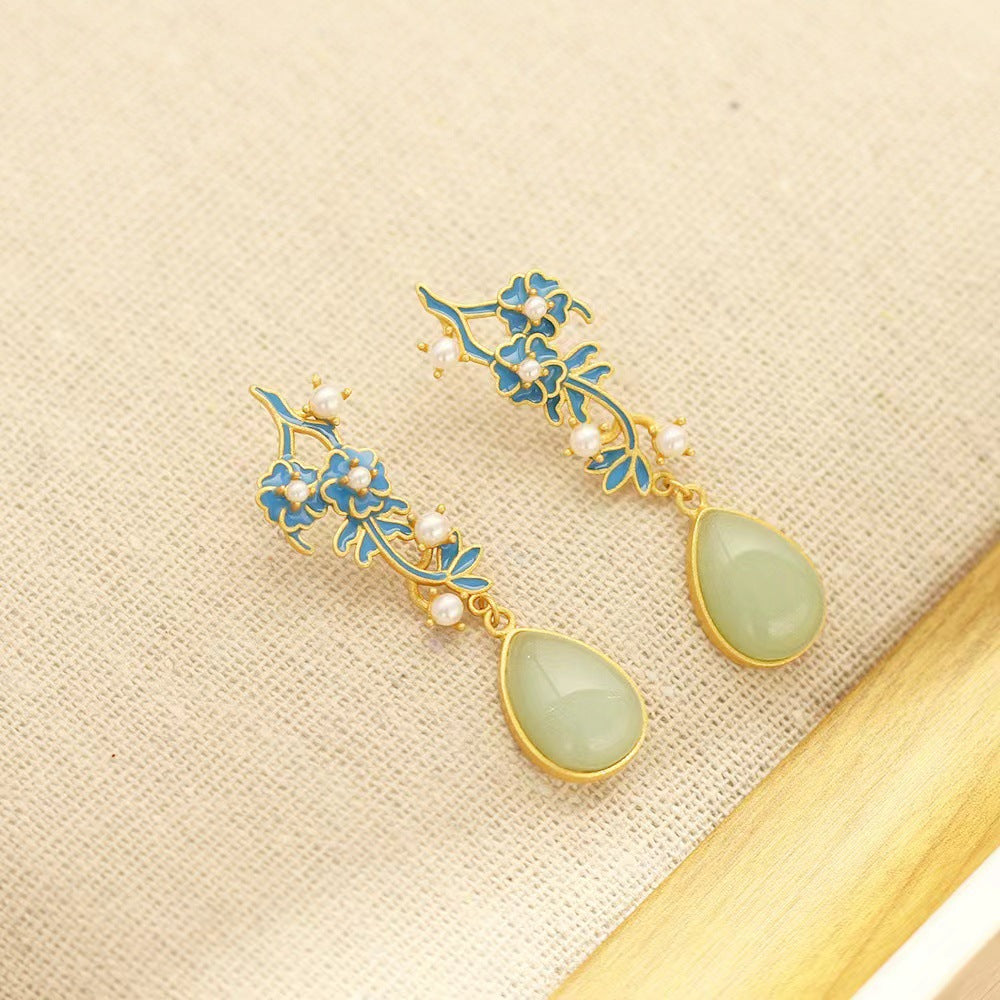 Ancient Gold-plated Hetian Jade Pearl Flower Branch Retro Stud Earrings