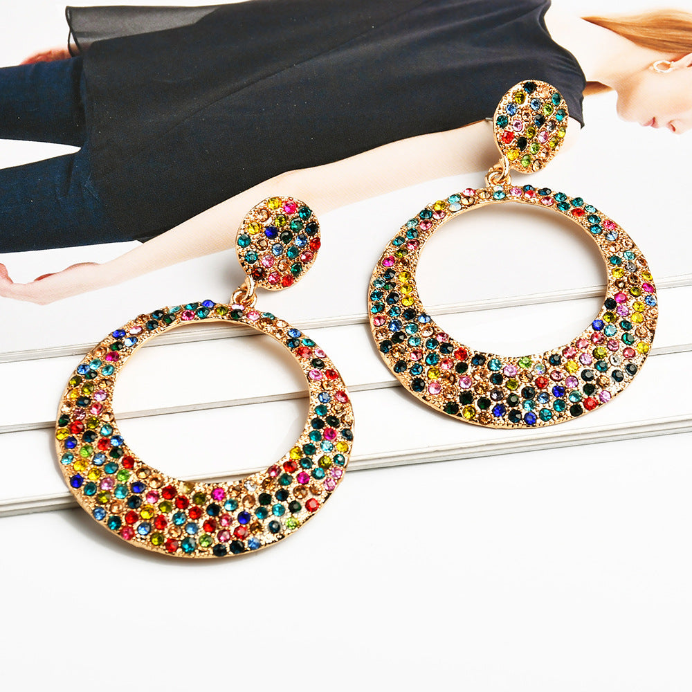 European And American Fashion Metal Diamond Round Color Large Pendant Earrings