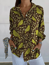 Flowers Print Long Sleeve Shirt Fashion Stand Collar Button Tops For Women Clothing