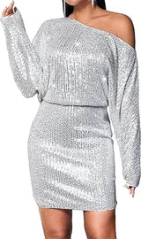 Spring Short Sleeve Loose Pullover Sequined Shirt Dress Off-shoulder Long Dress