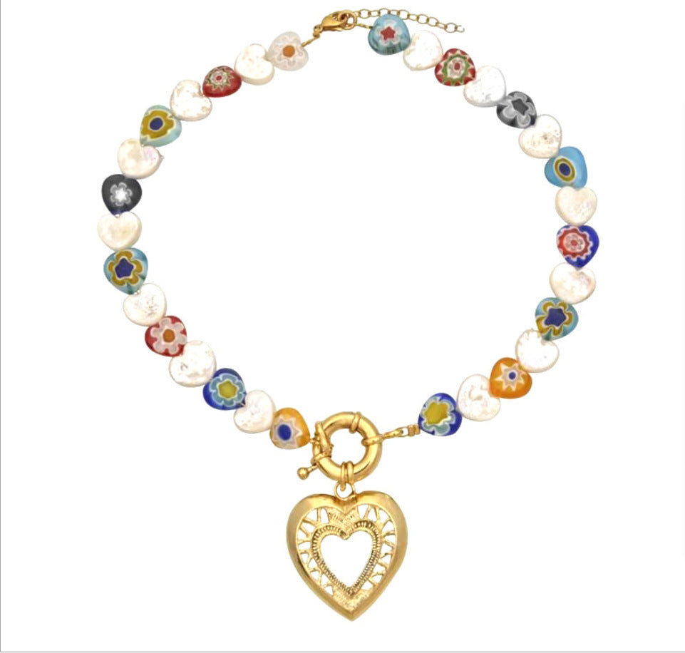 Natural Freshwater Pearl Heart Necklace Women's Bohemian Style