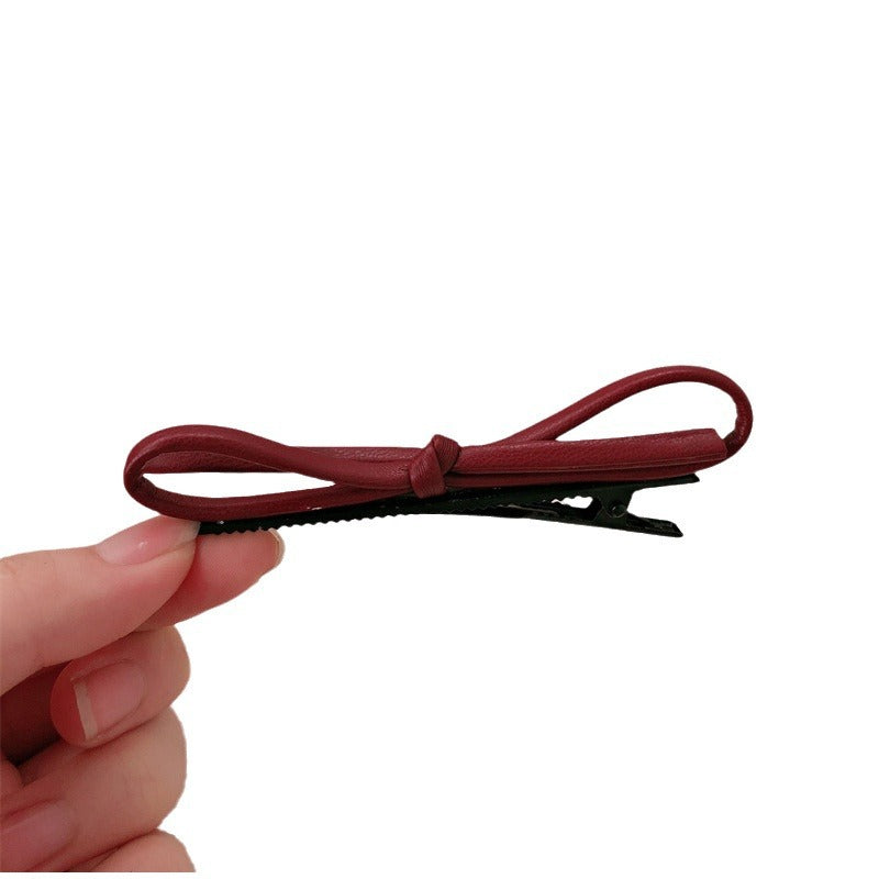 Wine Red Leather Bow Barrettes Simple Advanced