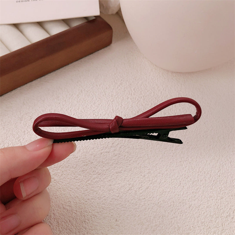 Wine Red Leather Bow Barrettes Simple Advanced