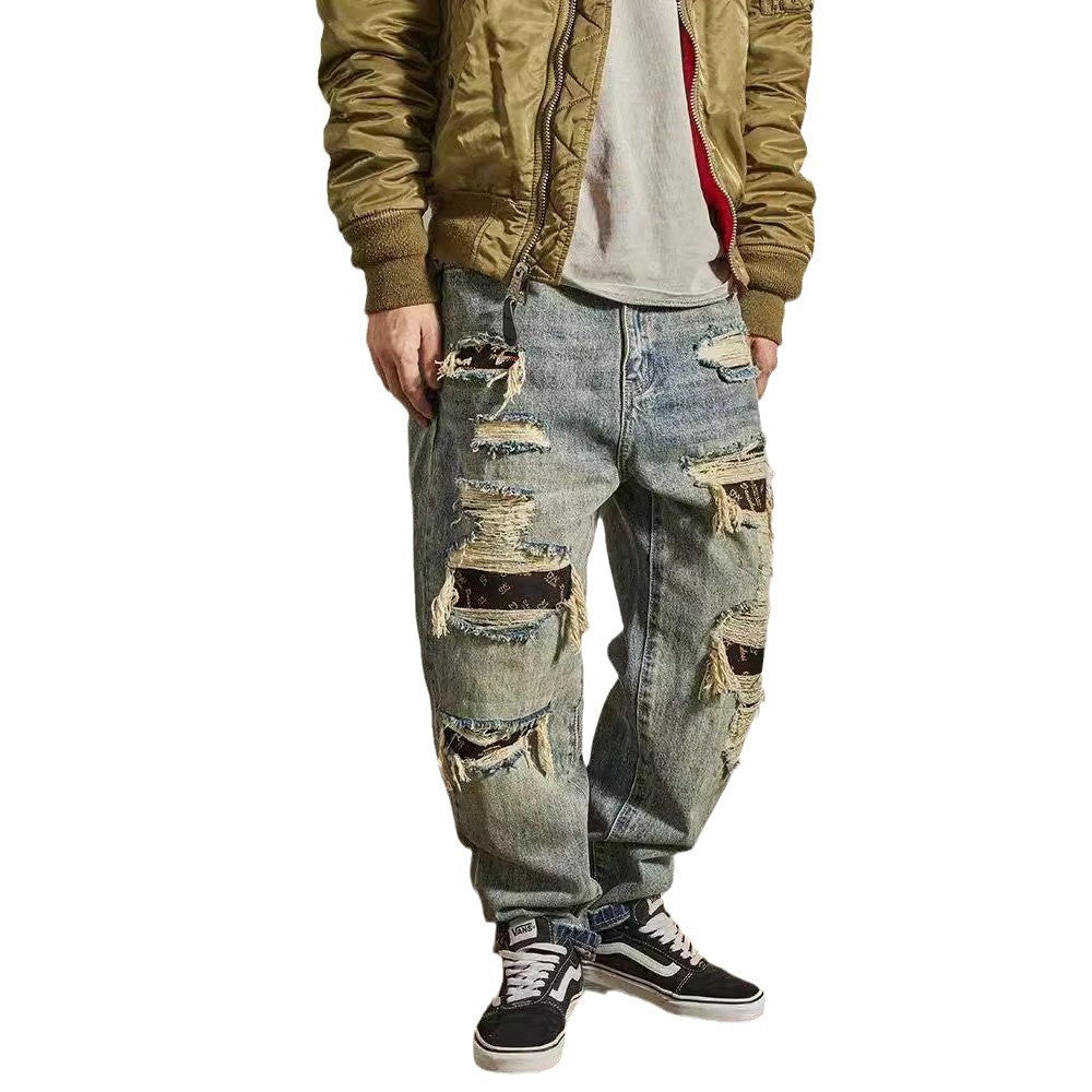 Jeans Men's Loose Straight Tapered Distressed Broken Holes Pants