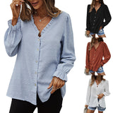 Women's Fashion Solid Color And V-neck Loose Jacquard Long Sleeve Casual Shirt Top