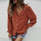 Women's Fashion Solid Color And V-neck Loose Jacquard Long Sleeve Casual Shirt Top