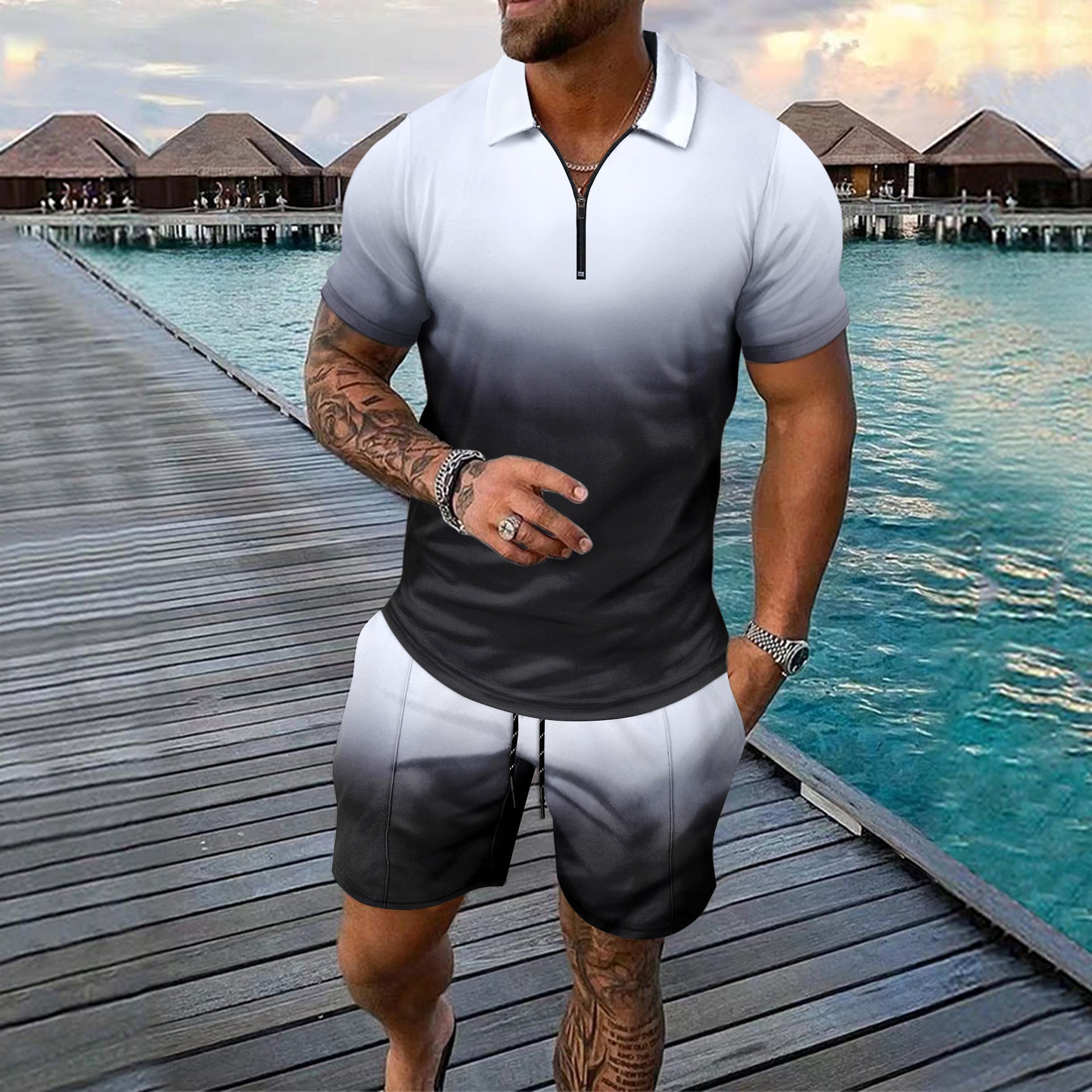 Men's Young Casual Versatile Simple Pattern Short Sleeve Zipper Polo Shirt Suit