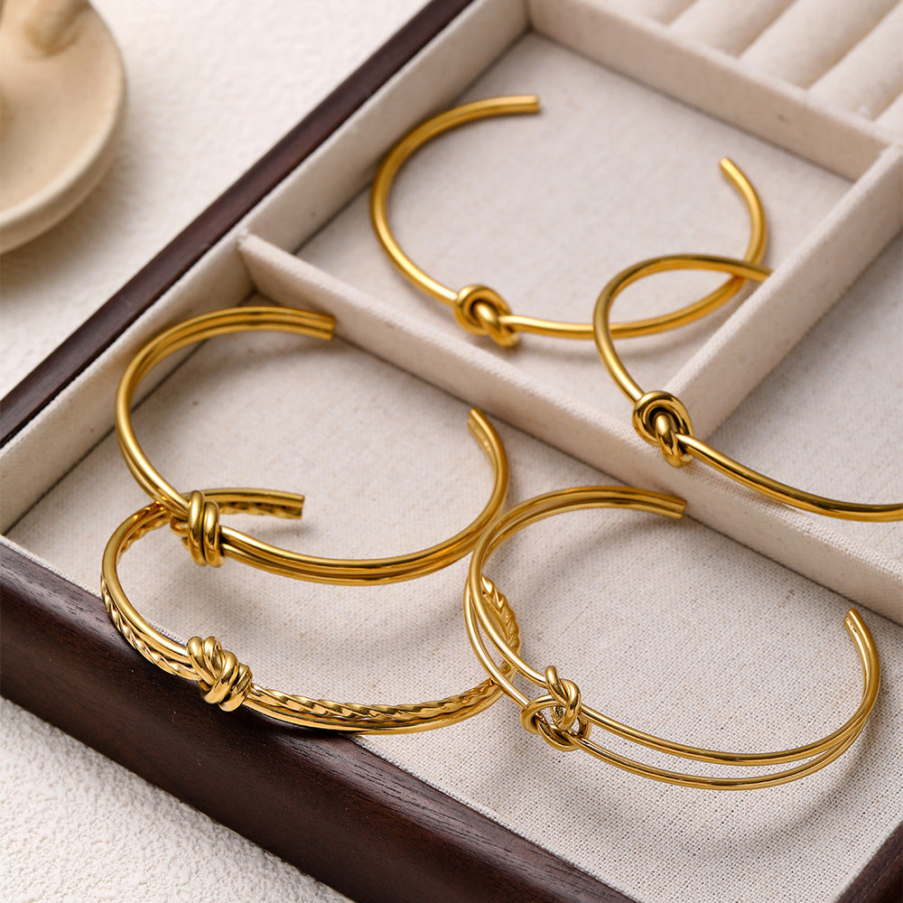 Stainless Steel 18K Gold Plating Knotted C- Shaped Open Double-layer Bracelet