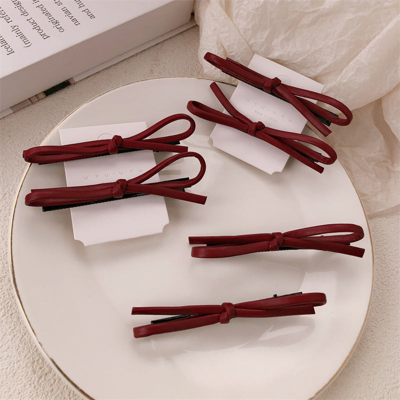Wine Red Leather Bow Barrettes Simple Advanced