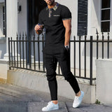 Men's Waffle Lapel Color Matching Pocket Short Sleeve Trousers Suit