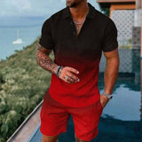 Men's Young Casual Versatile Simple Pattern Short Sleeve Zipper Polo Shirt Suit