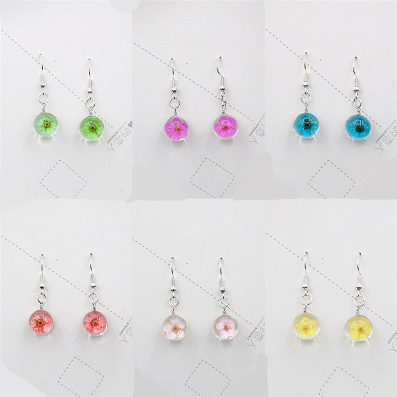 Dried Flower Glass Ball Crystal Earrings Creative Sweet