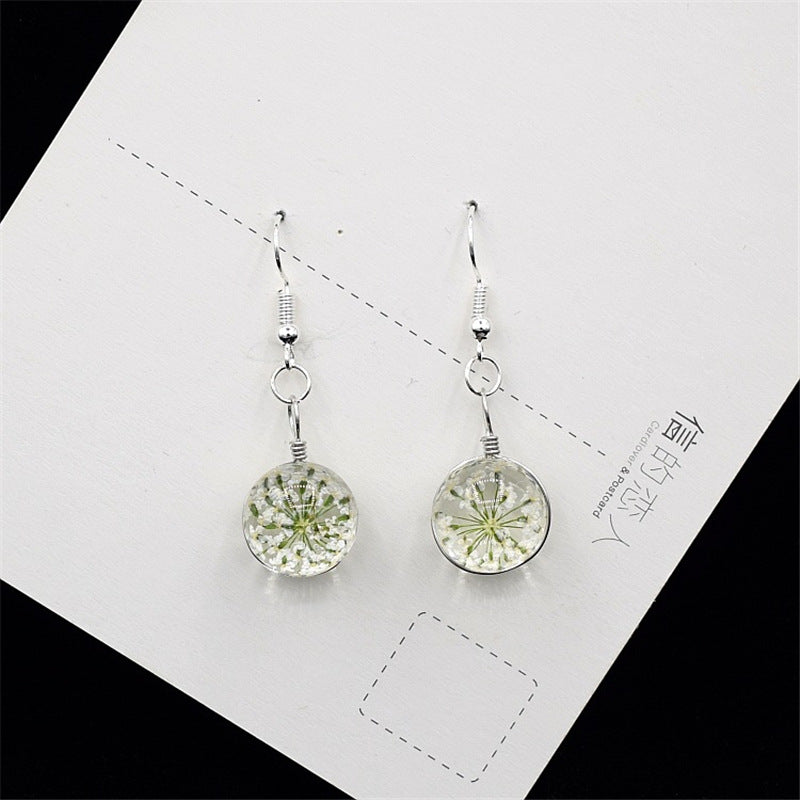 Dried Flower Glass Ball Crystal Earrings Creative Sweet