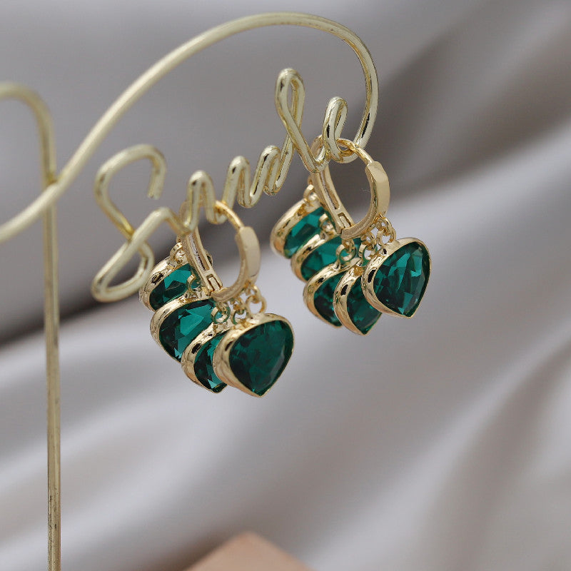 Korean Style Dancing Green Shade Green Heart Pendant Glass Ear Clip Female Earrings