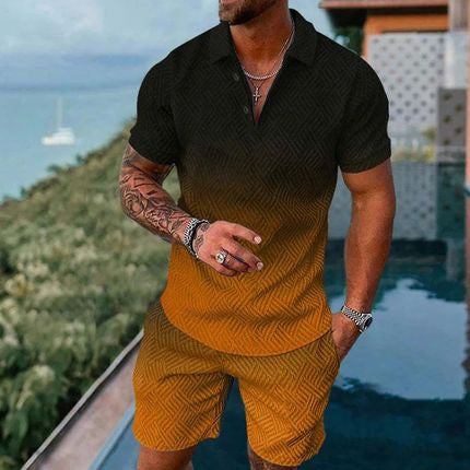 Men's Young Casual Versatile Simple Pattern Short Sleeve Zipper Polo Shirt Suit